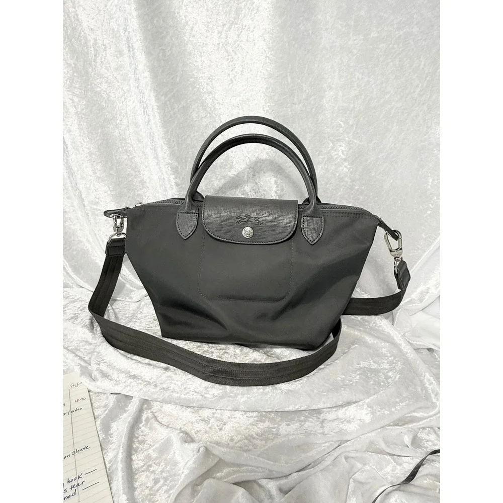 Longchamp Le Pliage Shopping Depose Handbag Grey Nylon Leather Crossbody Satchel